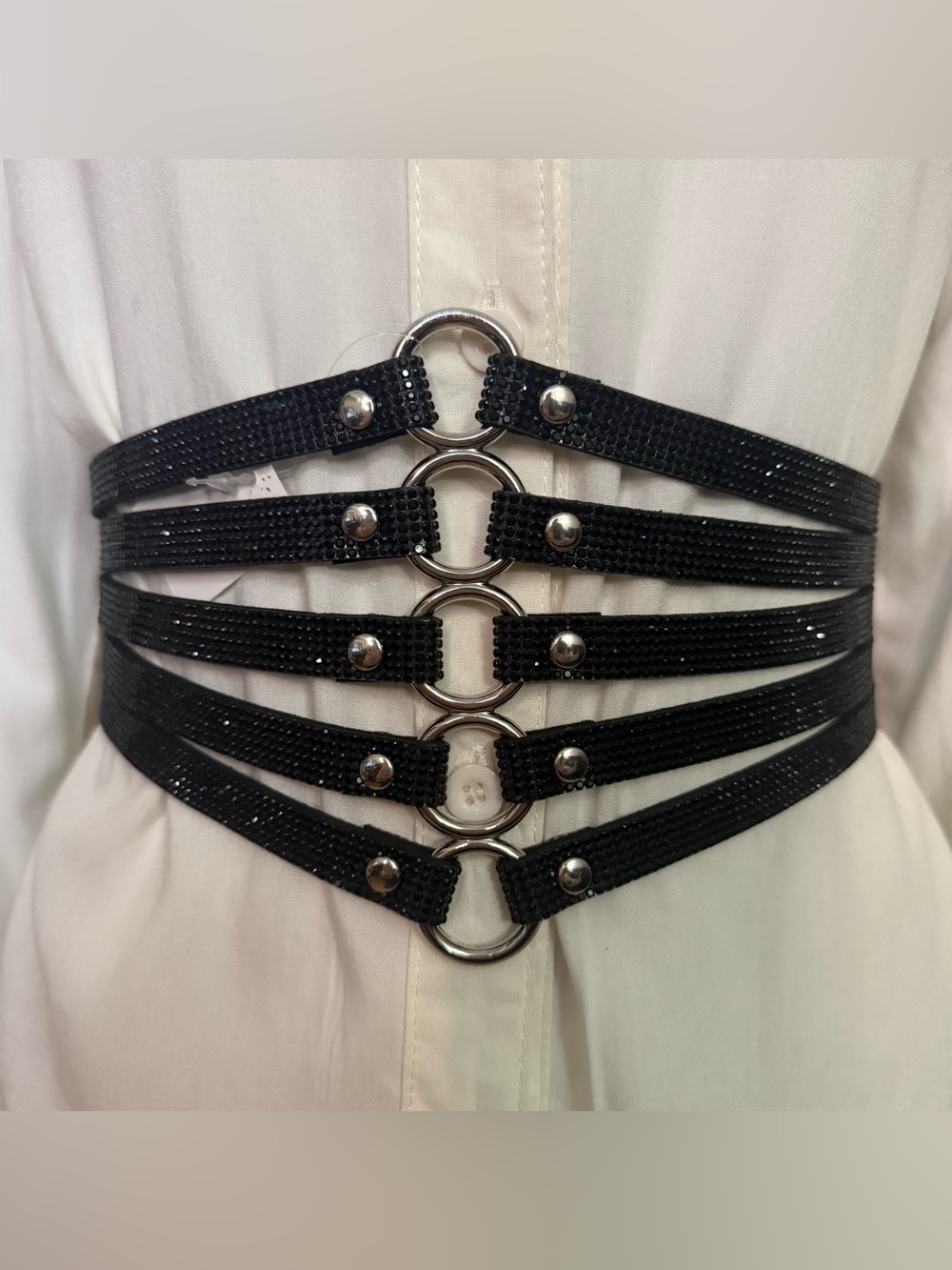 Black PU leather rhinestone embellished elastic waistband corset belt